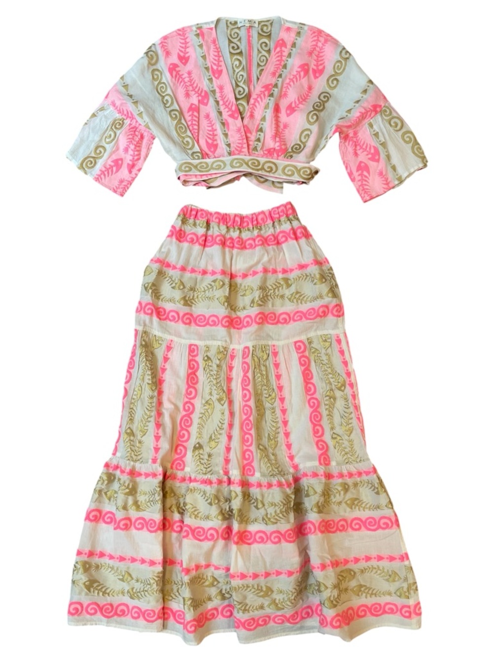 NEMA Beach Wear Crop Top and Maxi Skirt Set Pink Gold Summer Vacation Size S/M